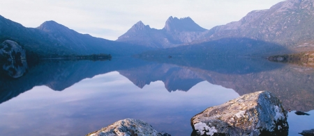 a view of a lake with a mountain in the background